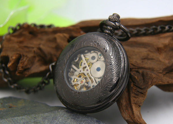 Premium Antique Black Mechanical Pocket Watch Men With Chains Wind Up PocketWatchKeepsakes