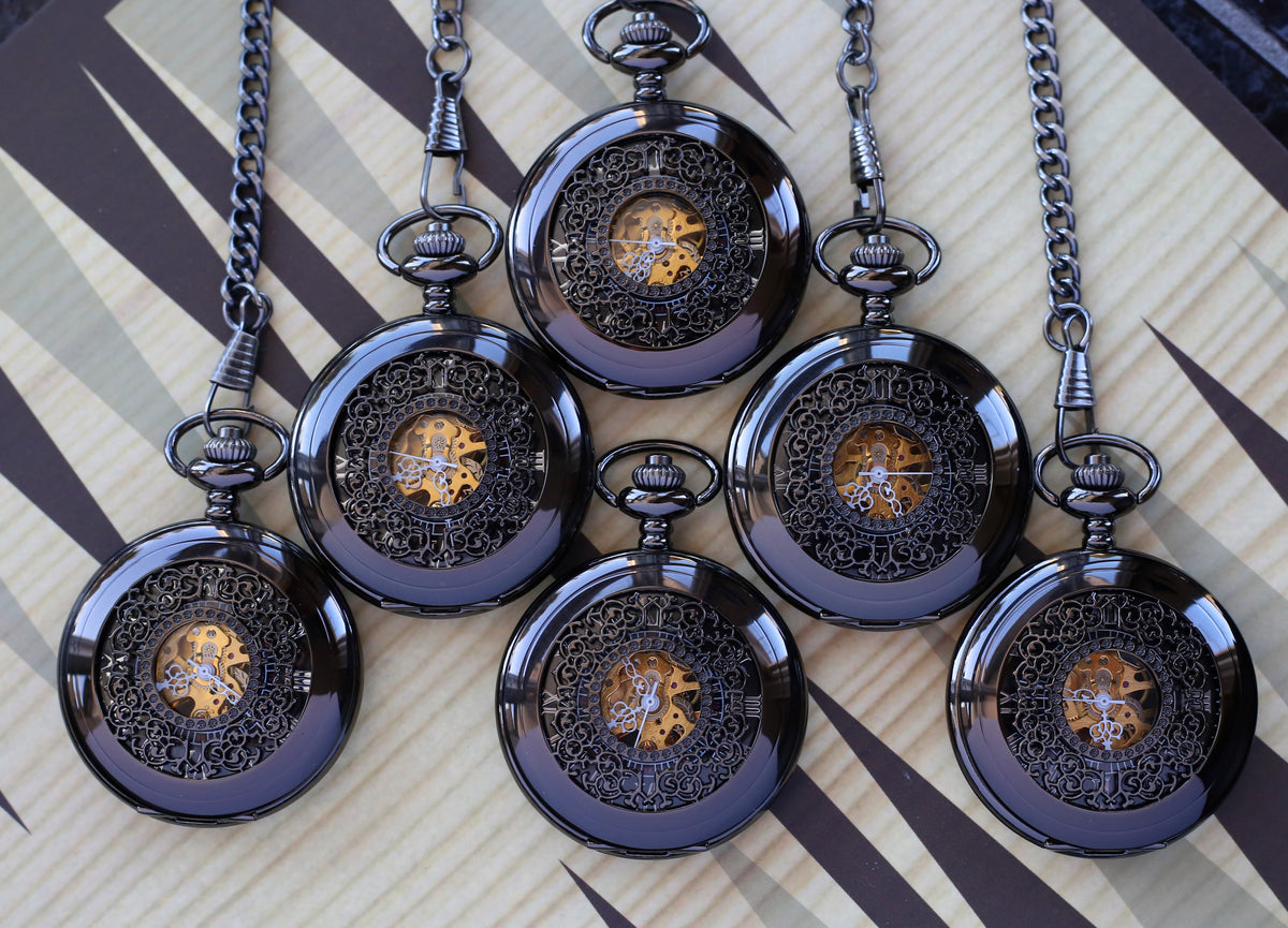 Antique Black Steampunk Mens Pocket Watch Engravable Groomsmen Gifts MPW004