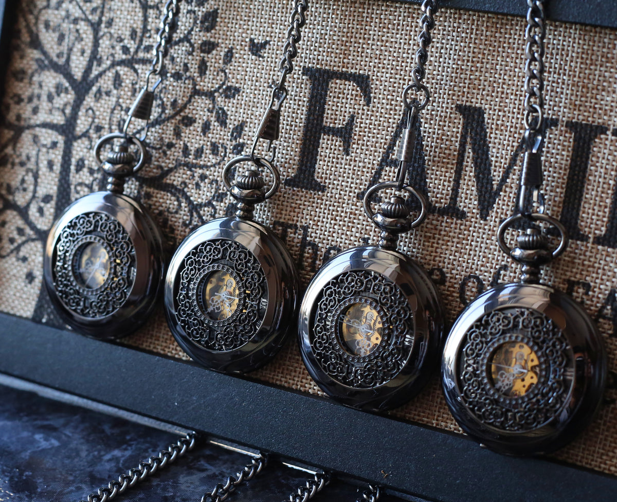 Antique Black Steampunk Mens Pocket Watch Engravable Groomsmen Gifts MPW004