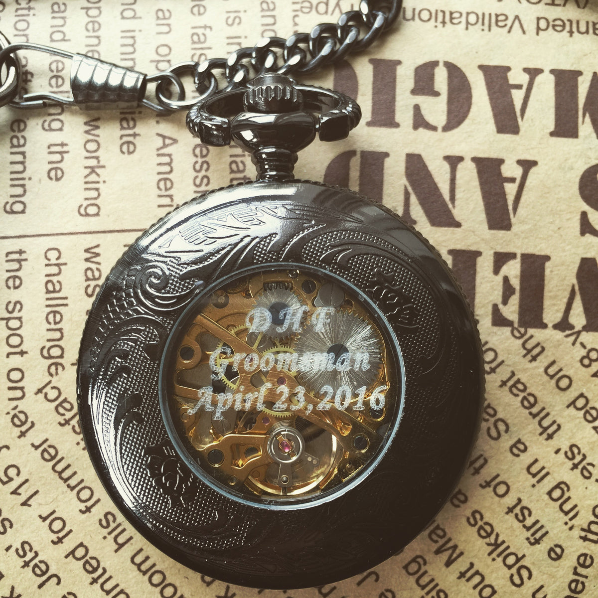 Mens Pocket Watch Personalized Engraveable Mechanical Pocketwatch with chain Sun Flames Gunmetal Black Groomsmen gift ideas VM008